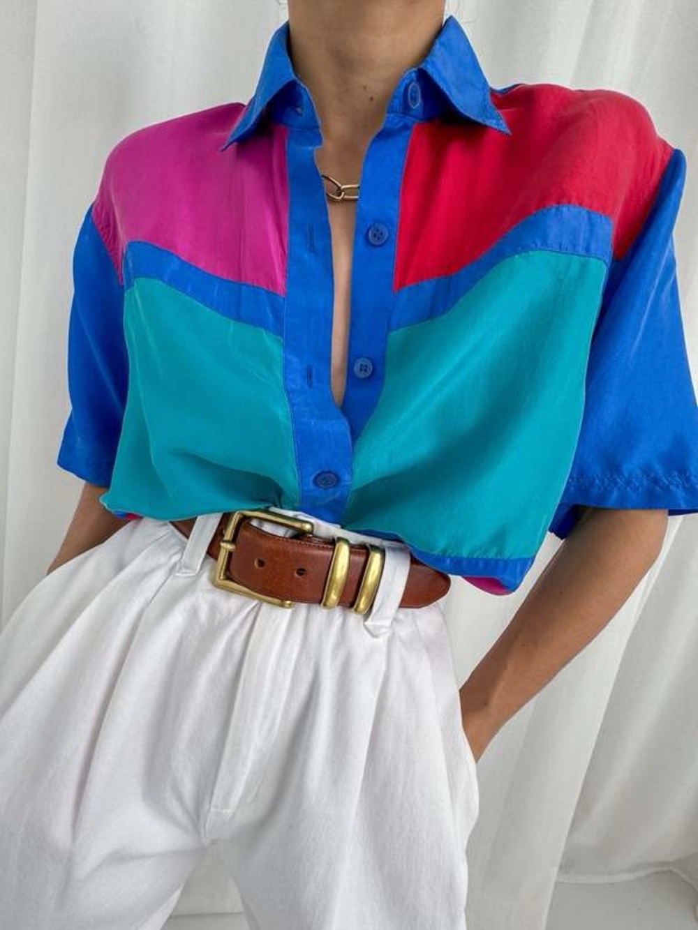 Vintage 90s Colorblock 100% Pure Silk Shirt Retro Long Sleeve Teal Blue Red M
